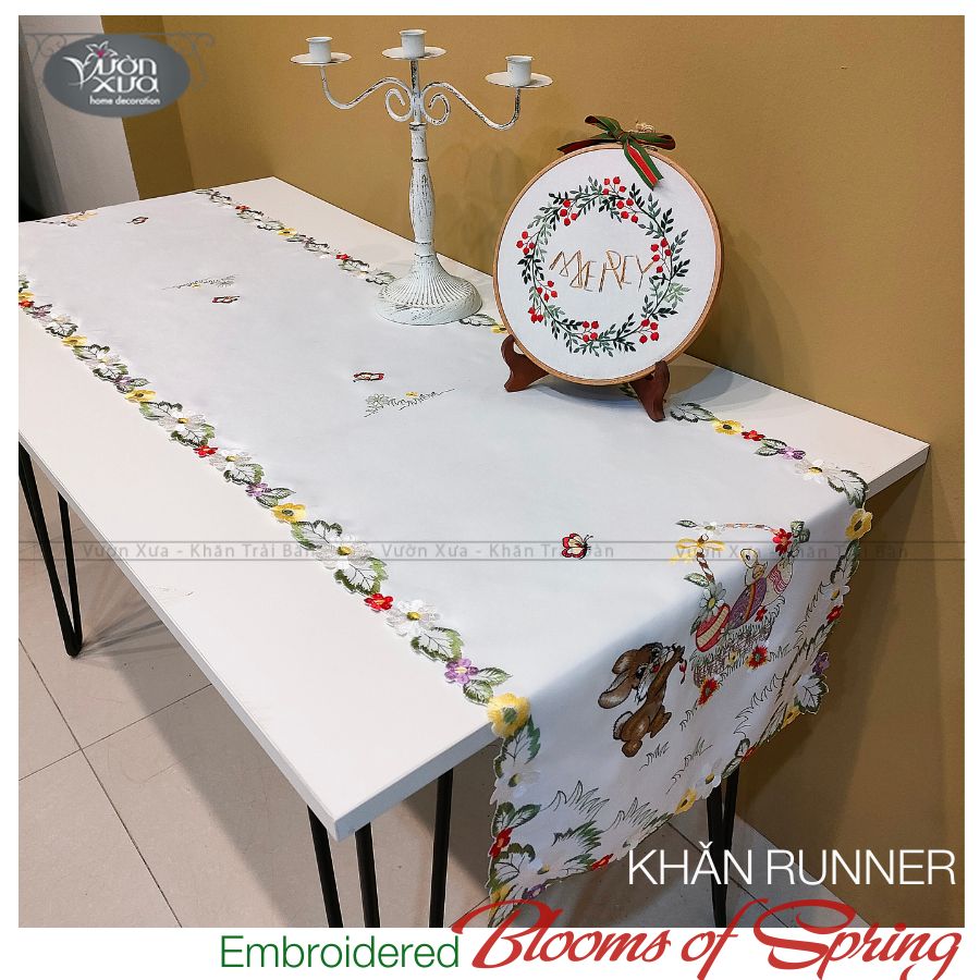 Khăn trải kệ dài, khăn trải tủ thêu hình Chú thỏ & Giỏ Hoa Mùa Xuân
