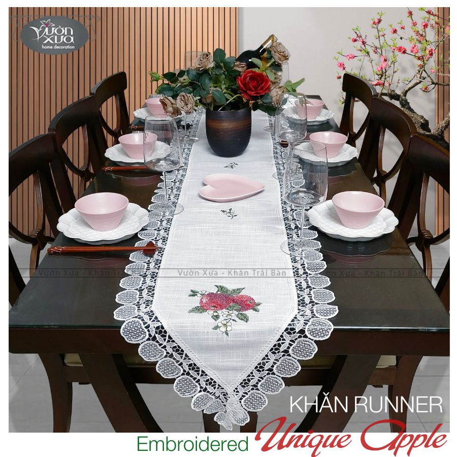 Khăn trải kệ, khăn phủ tủ, trang trí piano thêu Quả Táo Đỏ điểm xuyết hoa Cúc Chi