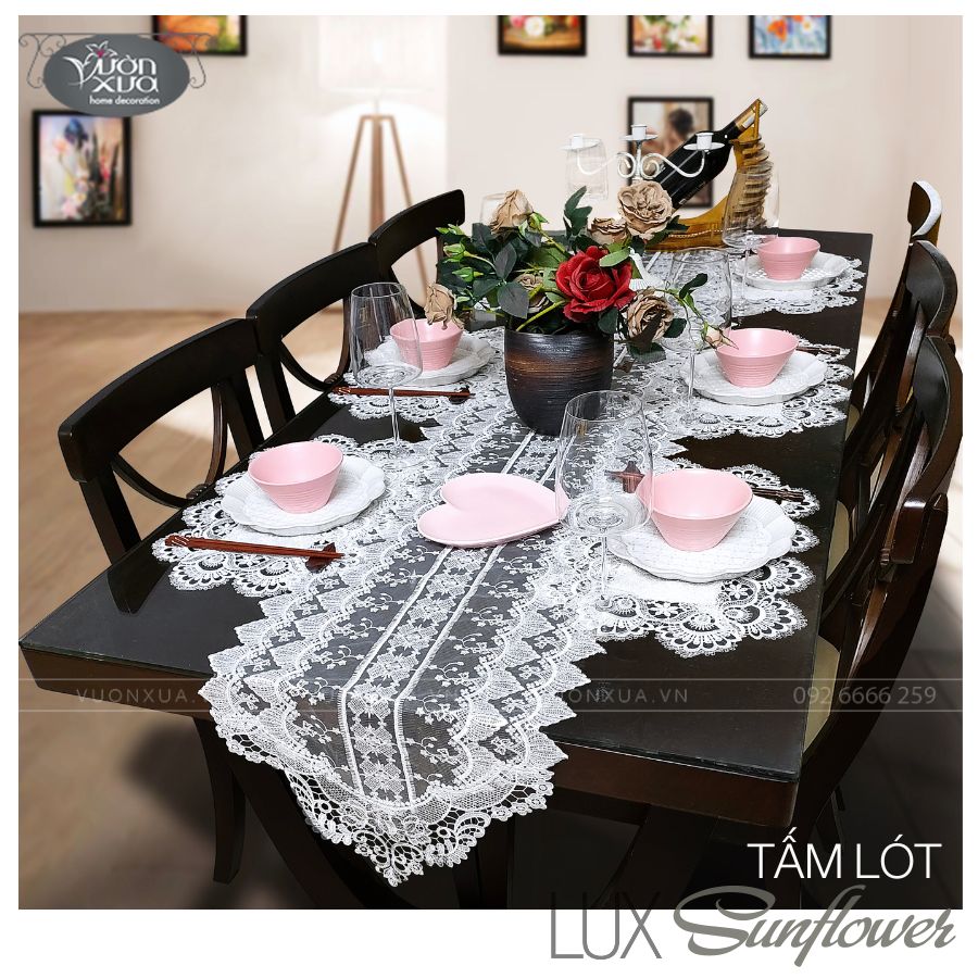 COMBO SALE (6 TẤM LÓT ĐĨA) khăn lót bàn ăn hoa Hướng Dương trắng Vườn Xưa, 30x45cm