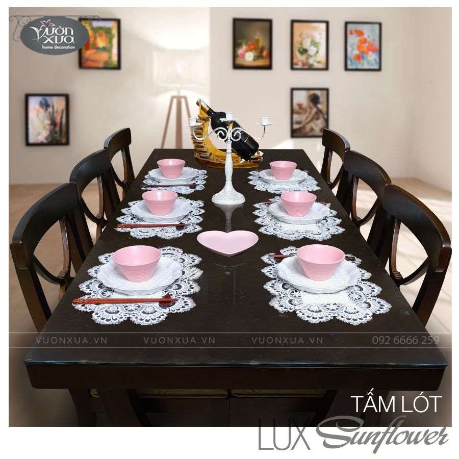 COMBO SALE (6 TẤM LÓT ĐĨA) khăn lót bàn ăn hoa Hướng Dương trắng Vườn Xưa, 30x45cm