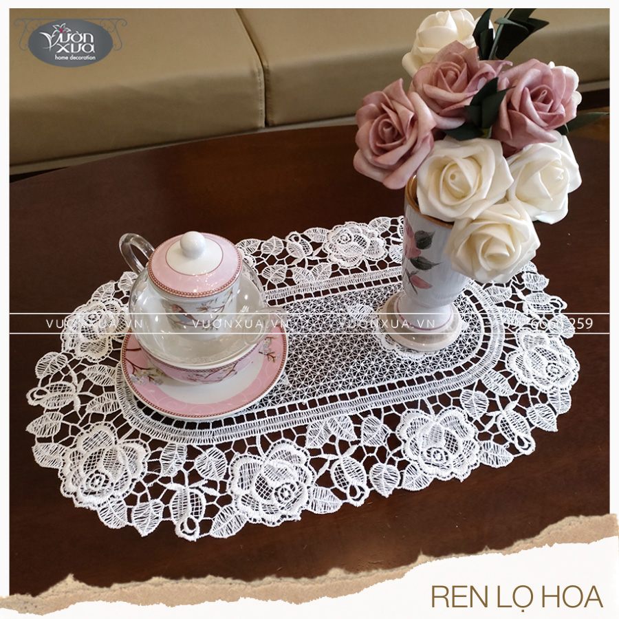 Khăn lót lọ hoa viền ren chỉ Hoa Hồng hình bầu dục VƯỜN XƯA, 30*45cm, KRLH-HH2