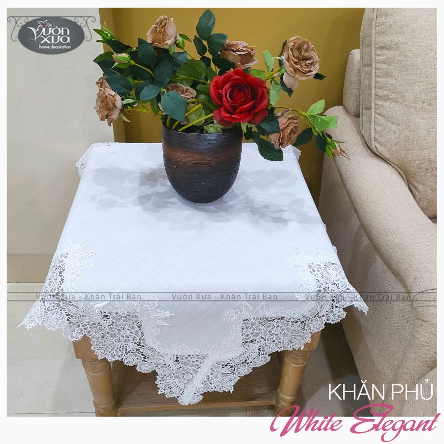 Khăn trải bàn ăn, bàn trà, màu trắng viền ren hoa tinh tế VƯỜN XƯA, KBWE