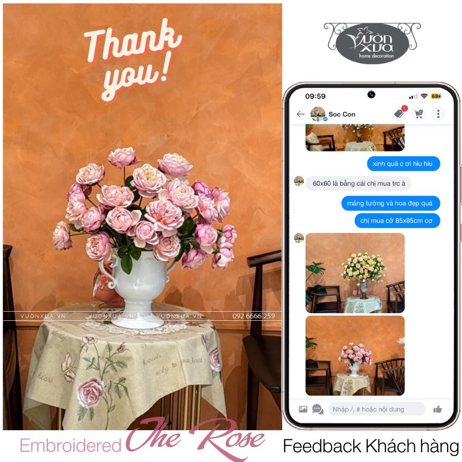 Khăn trải bàn góc, thêu cành hồng đẹp mảnh mai duy mỹ VƯỜN XƯA
