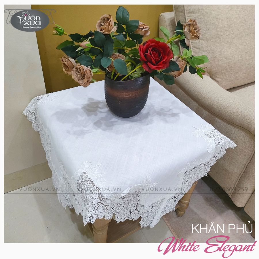 Khăn trải bàn màu trắng đẹp tinh khôi, ren hoa kết tinh xảo