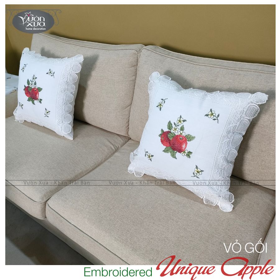 Vỏ gối sofa VƯỜN XƯA thêu Trái Táo Đỏ điểm xuyết Hoa Cúc Chi KBUA