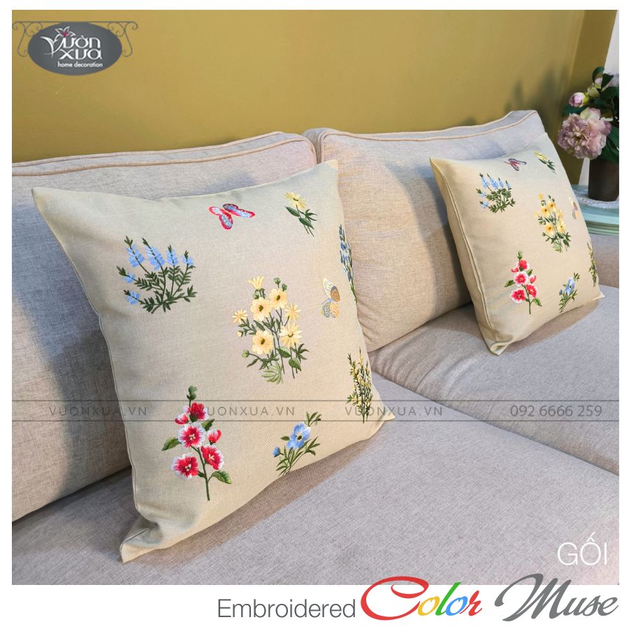 Vỏ gối sofa VƯỜN XƯA thêu Hoa Cỏ Bốn Mùa đẹp độc đáo KBCM