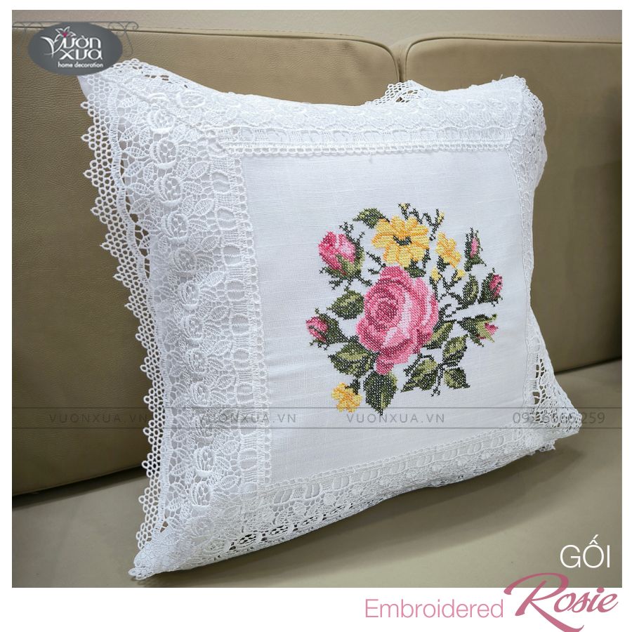 Vỏ gối tựa lưng sofa VƯỜN XƯA thêu Hoa Hồng Rosie điểm xuyết Hoa Cỏ Vàng KBR-4545