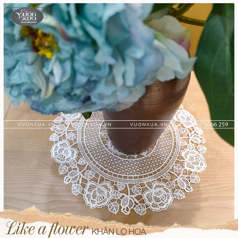 Khăn lót lọ hoa ren chỉ hình Hoa Hồng VƯỜN XƯA, đường kính 30cm, KRLH-HH