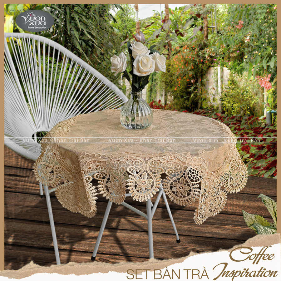 Khăn trải bàn balcony ngoài trời, vải ren mềm màu be nhà VƯỜN XƯA