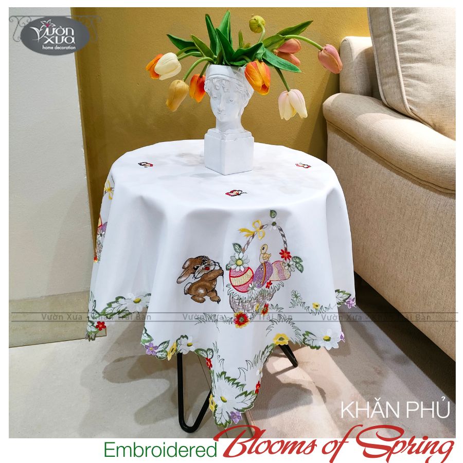 Khăn trải bàn góc, khăn vuông thêu hình Chú thỏ & Giỏ Hoa Mùa Xuân