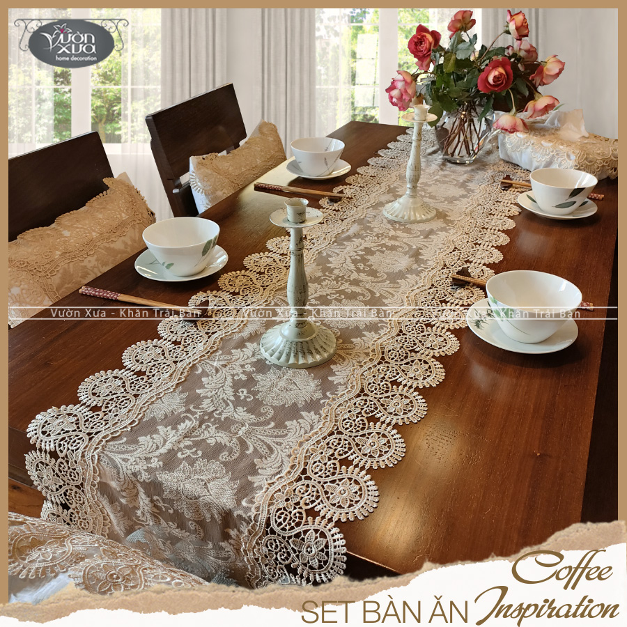 Khăn trải bàn VƯỜN XƯA vải ren mềm màu be nâu cafe Table Runner KBCI