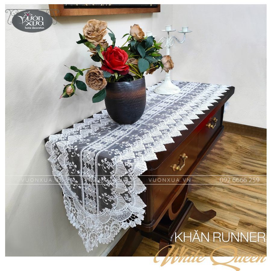 Khăn trải kệ, khăn trải tủ decor vải ren trắng phong cách Châu Âu
