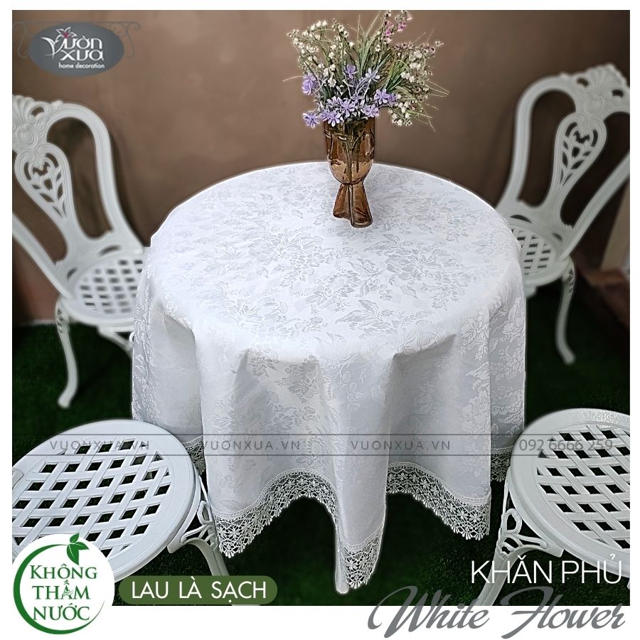 Khăn trải bàn tròn màu trắng, vân hoa chìm, KHĂN CHỐNG NƯỚC CHỐNG THẤM, KBWF-T