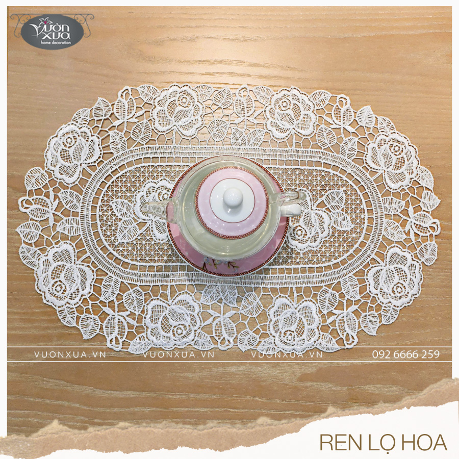 Khăn lót lọ hoa viền ren chỉ Hoa Hồng hình bầu dục VƯỜN XƯA, 30*45cm, KRLH-HH2
