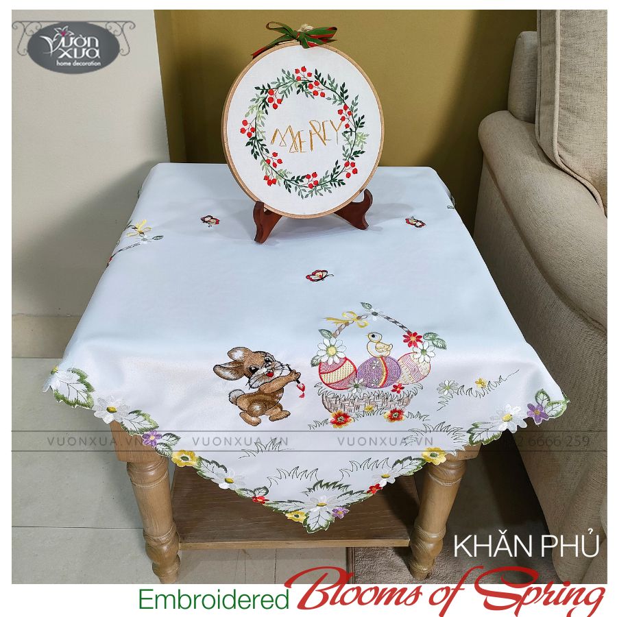 Khăn trải bàn góc, khăn vuông thêu hình Chú thỏ & Giỏ Hoa Mùa Xuân