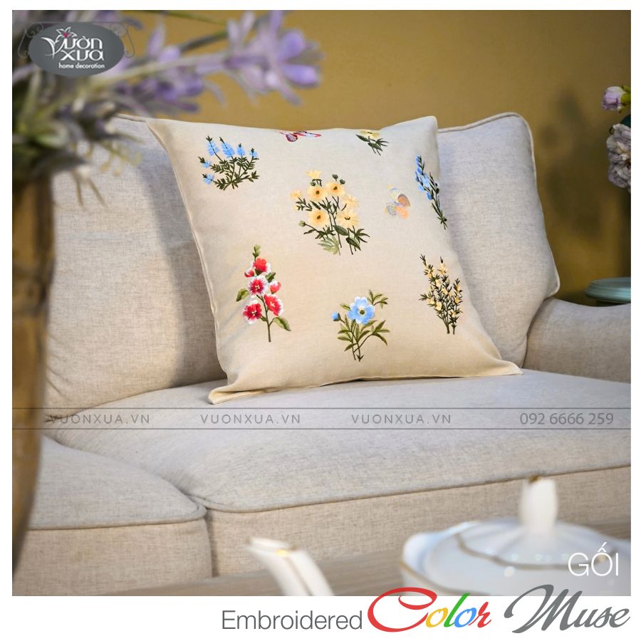 Vỏ gối sofa VƯỜN XƯA thêu Hoa Cỏ Bốn Mùa đẹp độc đáo KBCM