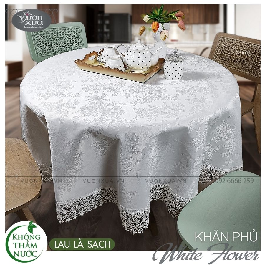 Khăn trải bàn tròn màu trắng, vân hoa chìm, KHĂN CHỐNG NƯỚC CHỐNG THẤM, KBWF-T