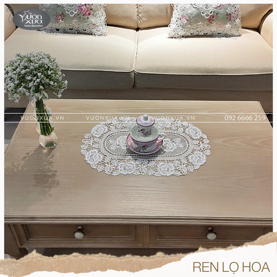 Khăn lót lọ hoa viền ren chỉ Hoa Hồng hình bầu dục VƯỜN XƯA, 30*45cm, KRLH-HH2