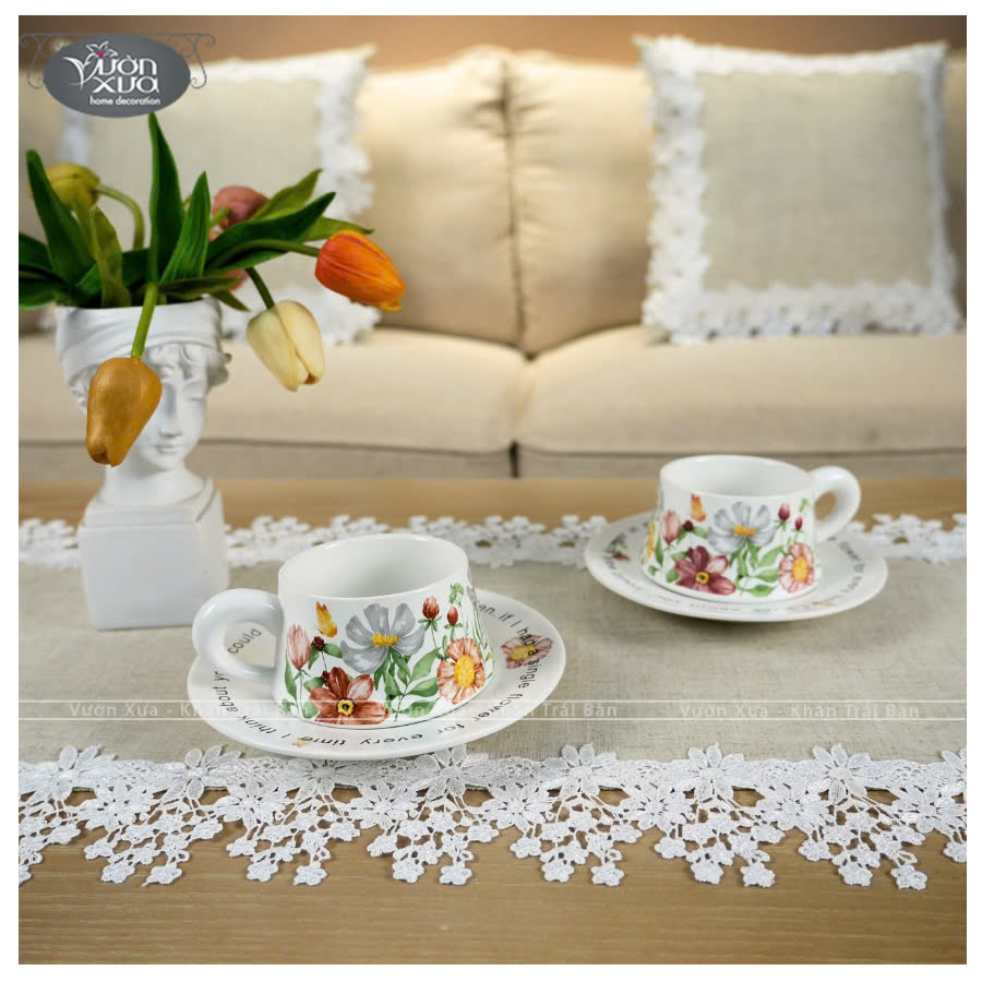 Set 6 tách đĩa uống cafe uống trà ,xương sứ Châu Âu, hoa lá mùa Xuân đẹp thanh lịch