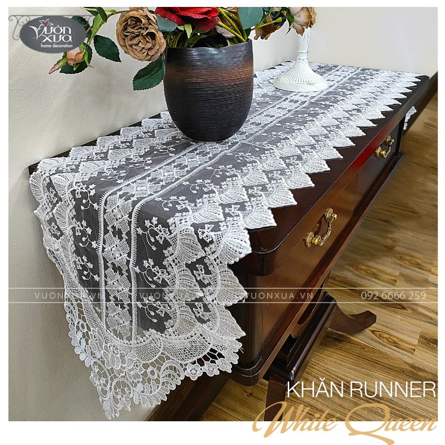 Khăn trải kệ, khăn trải tủ decor vải ren trắng phong cách Châu Âu