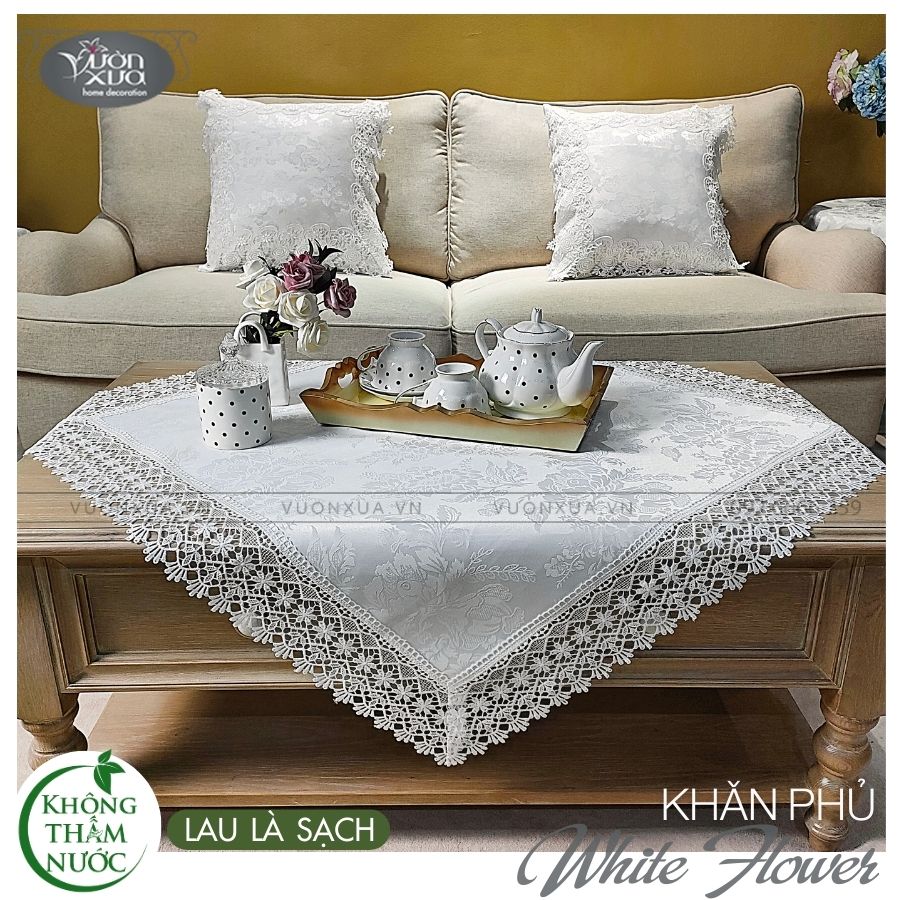 Khăn trải bàn trà sofa, màu trắng hoa chìm, CHỐNG NƯỚC, CHỐNG THẤM