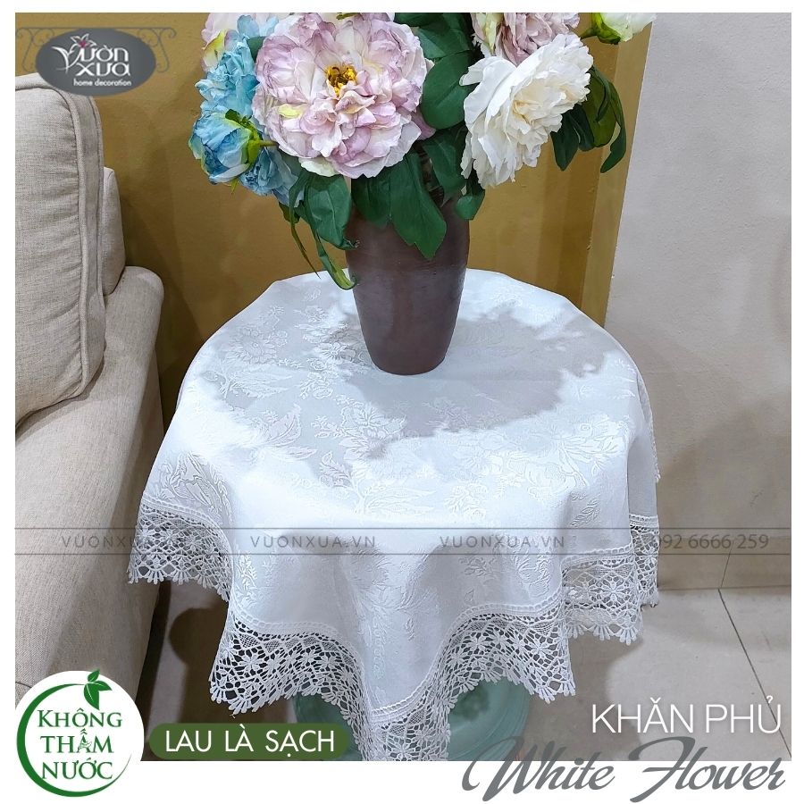 Khăn trải bàn góc, tab tròn màu trắng hoa chìm, CHỐNG NƯỚC, CHỐNG THẤM