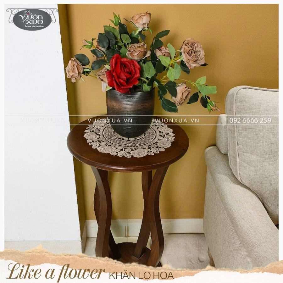 Khăn lót lọ hoa ren chỉ hình Hoa Hồng VƯỜN XƯA, đường kính 30cm, KRLH-HH