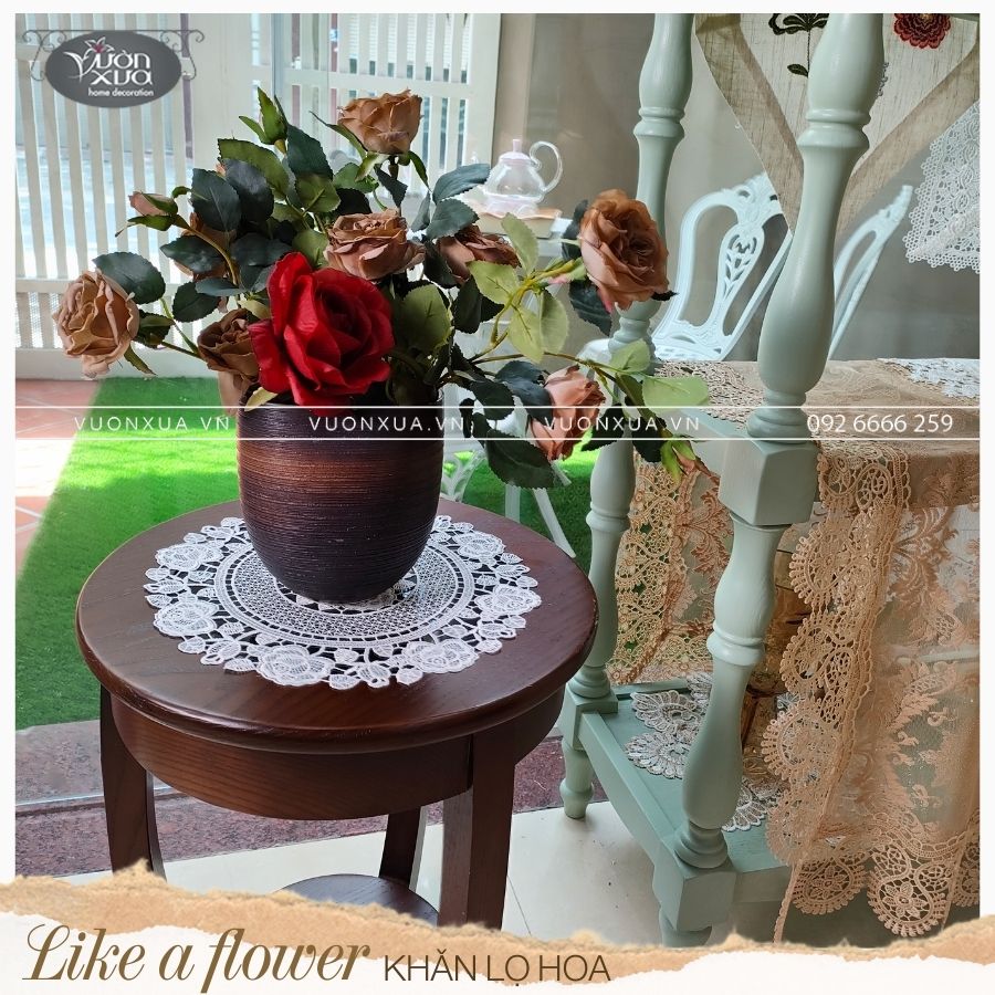 Khăn lót lọ hoa ren chỉ hình Hoa Hồng VƯỜN XƯA, đường kính 30cm, KRLH-HH