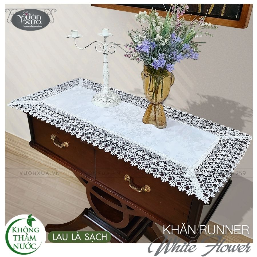 Khăn trải giữa bàn, màu trắng vân hoa chìm KHĂN CHỐNG NƯỚC CHỐNG THẤM, KBWF-R
