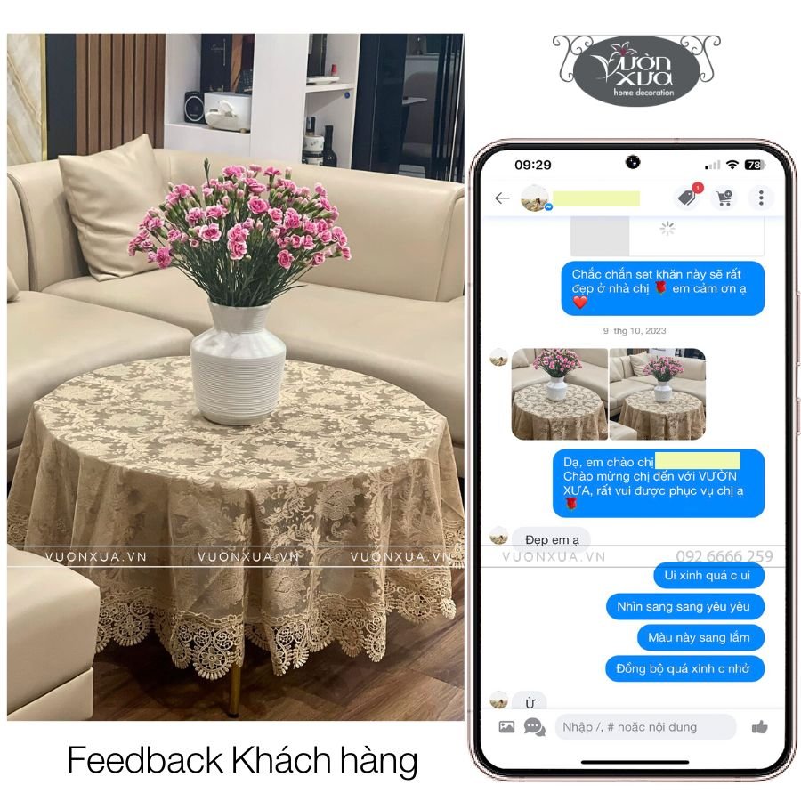 Khăn trải bàn tròn VƯỜN XƯA vải ren mềm màu be nâu cafe KBCI