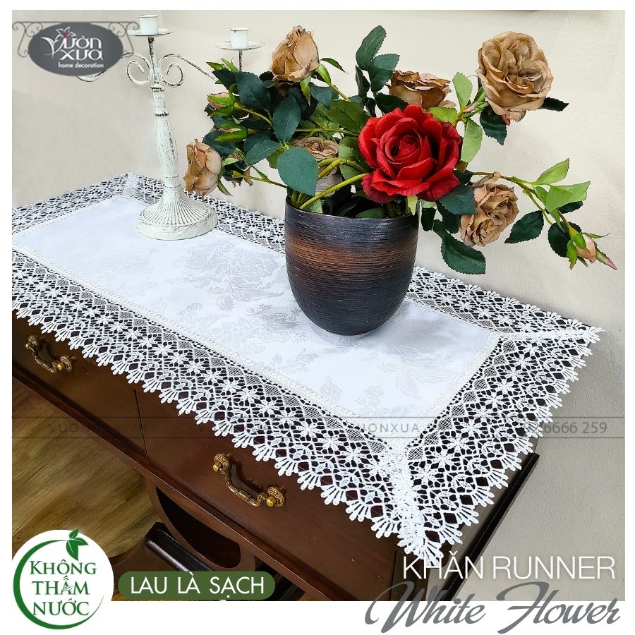 Khăn trải giữa bàn, màu trắng vân hoa chìm KHĂN CHỐNG NƯỚC CHỐNG THẤM, KBWF-R
