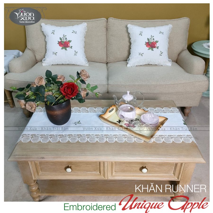 Vỏ gối sofa VƯỜN XƯA thêu Trái Táo Đỏ điểm xuyết Hoa Cúc Chi KBUA