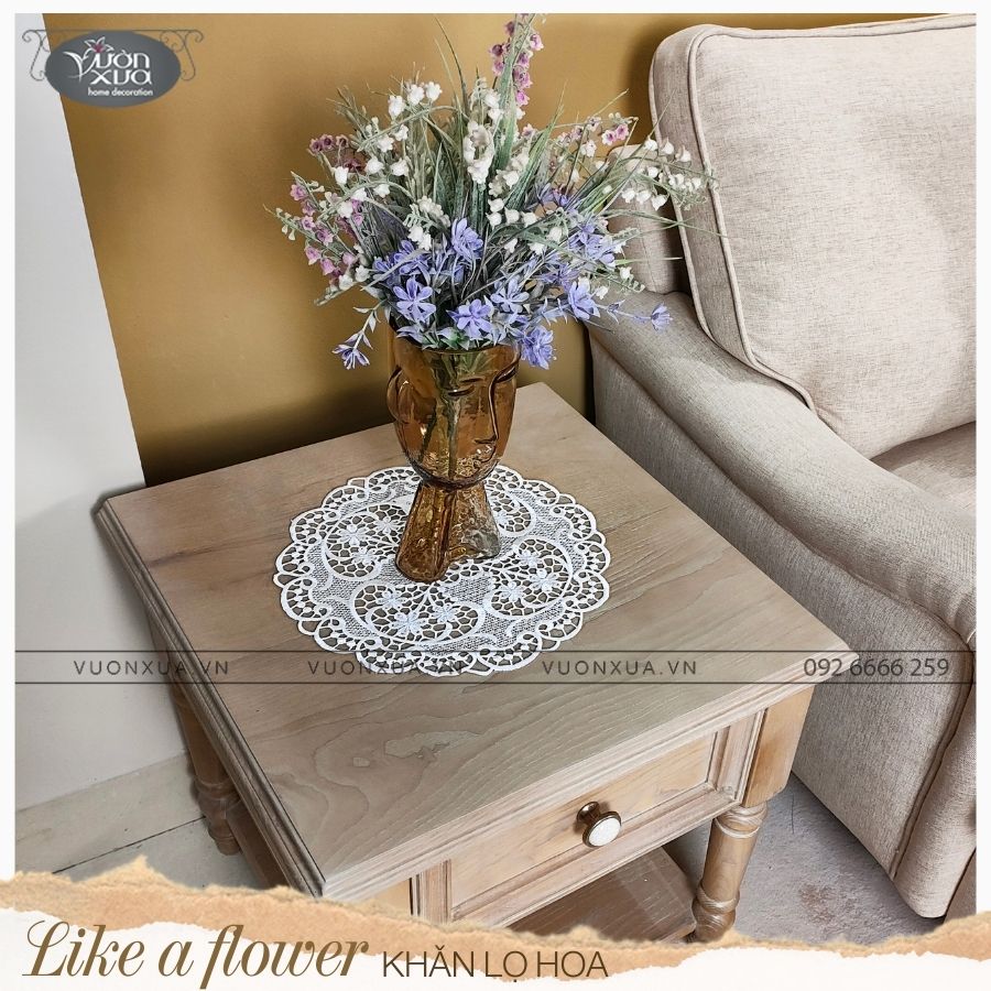 Khăn lọ hoa ren chỉ màu trắng VƯỜN XƯA đường kính 30cm KRLH-H