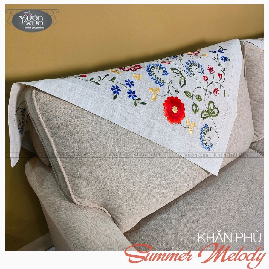 COMBO (Khăn phủ Sofa, trải bàn trà) thêu hoa đồng bộ, KBSM-SOFA