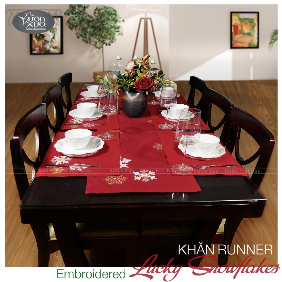 Tấm lót đĩa màu đỏ thêu Hoa Tuyết trang trí Tết và Giáng Sinh VƯỜN XƯA KBLS-30*45cm