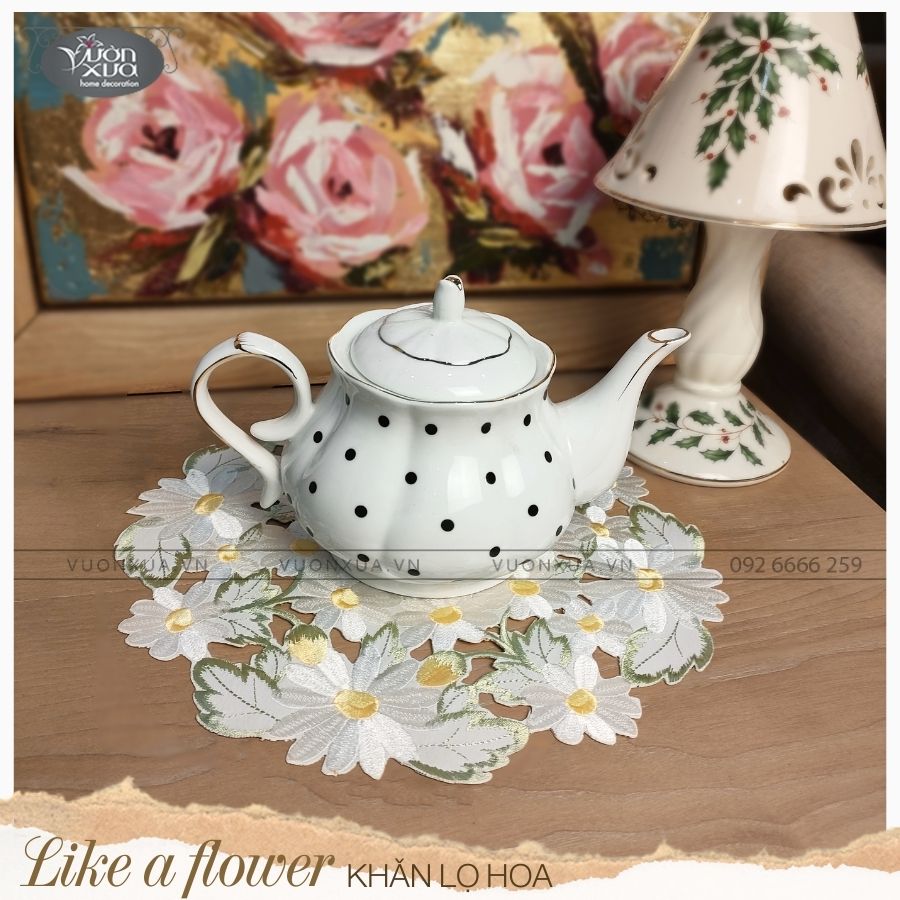 Khăn lót lọ hoa thêu hoa cúc VƯỜN XƯA đường kính 30cm KRLH-E1
