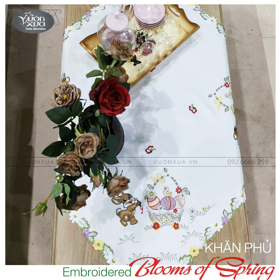 Khăn trải bàn trà, khăn vuông thêu hình Chú thỏ & Giỏ Hoa Mùa Xuân