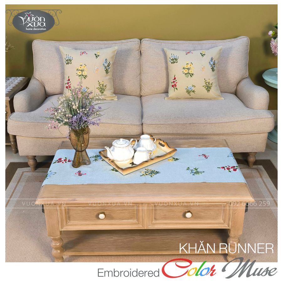 Khăn trải bàn Decor VƯỜN XƯA thêu Hoa Cỏ Bốn Mùa đẹp độc đáo KBCM