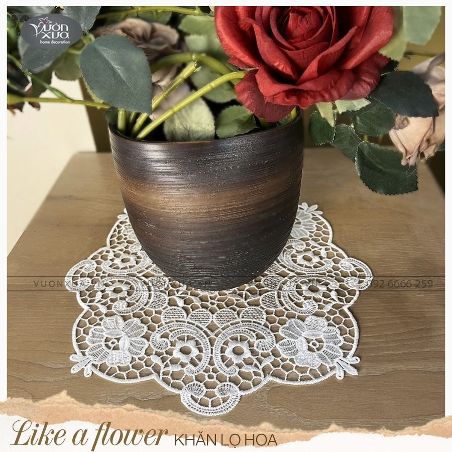 Khăn lót lọ hoa ren chỉ màu trắng cánh hoa phong cách Châu Âu 30cm, KRLH-B