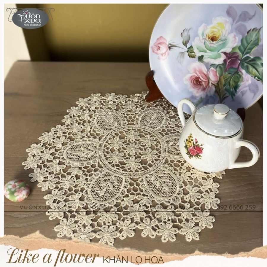 Khăn lót lọ hoa ren chỉ lục giác màu be VƯỜN XƯA đường kính 30cm, KRLH-A