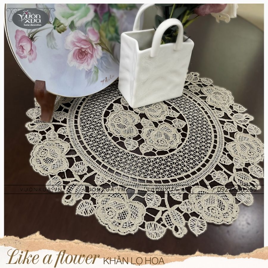 Khăn lót lọ hoa ren chỉ hình Hoa Hồng VƯỜN XƯA, đường kính 30cm, KRLH-HH