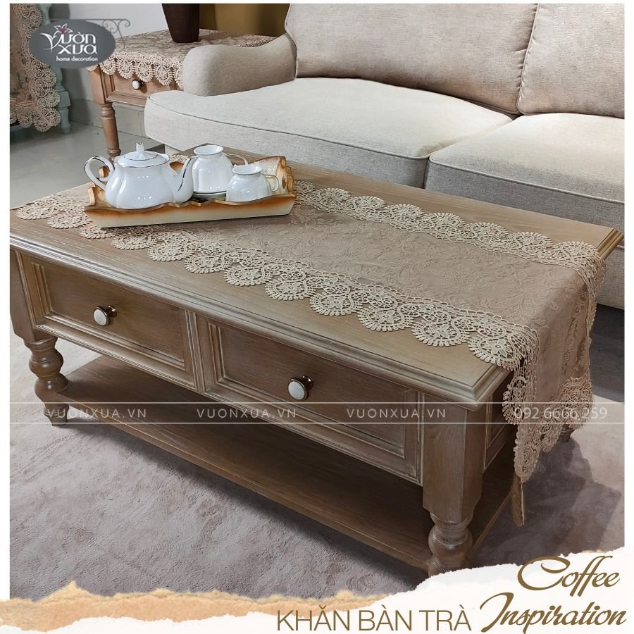 Khăn trải bàn VƯỜN XƯA vải ren mềm màu be nâu cafe Table Runner KBCI