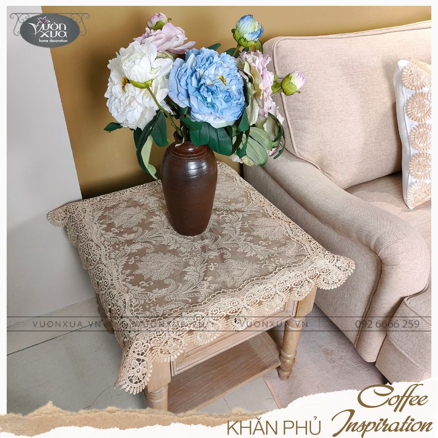 Khăn trải bàn vuông VƯỜN XƯA vải ren mềm màu be nâu cafe KBCI