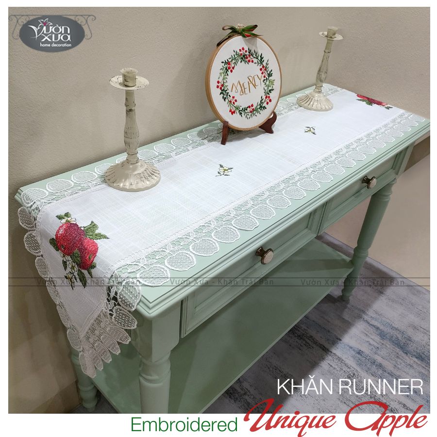 Khăn trải kệ, khăn phủ tủ, trang trí piano thêu Quả Táo Đỏ điểm xuyết hoa Cúc Chi