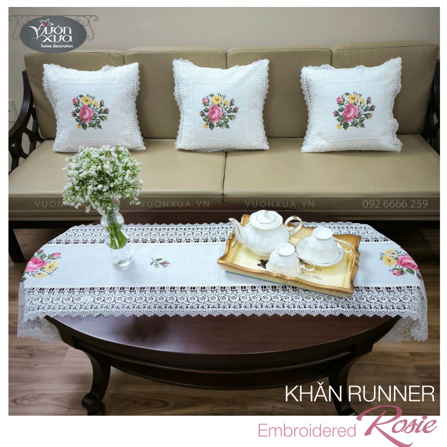 Khăn trải bàn sofa, vỏ gối đồng bộ thêu Hoa Hồng Rosie, điểm xuyết hoa cỏ vàng