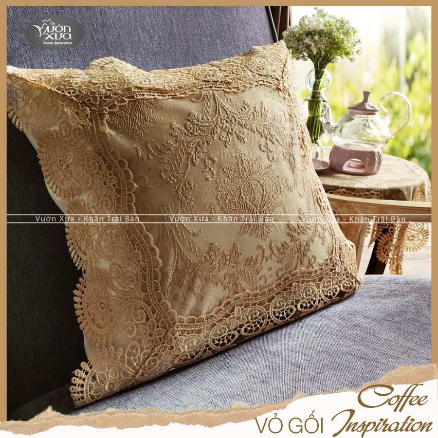 Khăn trải bàn phòng khách, vỏ gối vải ren mềm màu be đẹp đồng bộ