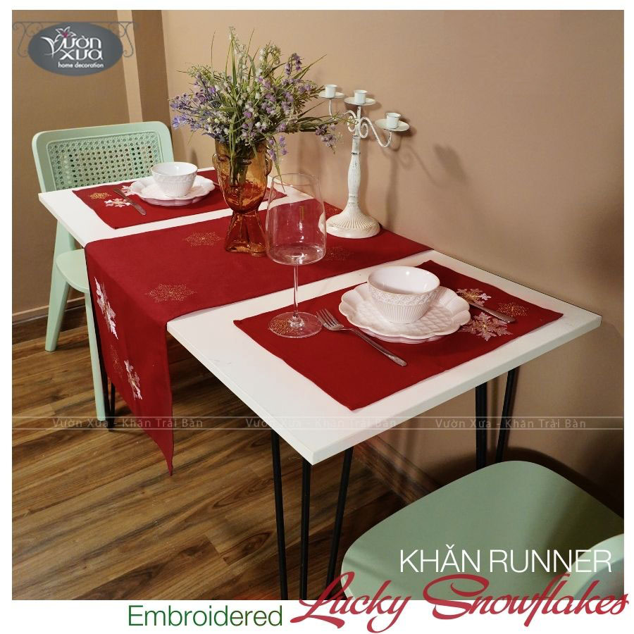 Tấm lót đĩa màu đỏ thêu Hoa Tuyết trang trí Tết và Giáng Sinh VƯỜN XƯA KBLS-30*45cm