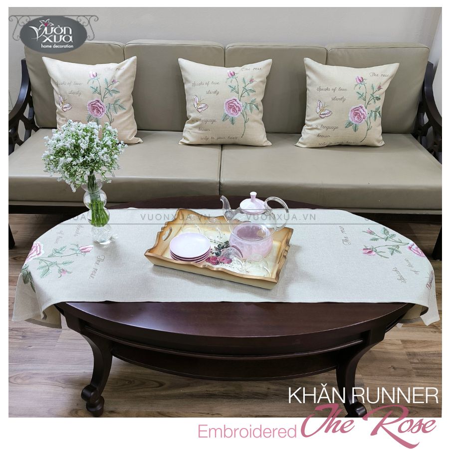 Khăn trải bàn sofa, vỏ gối thêu hoa hồng đồng bộ, đẹp mảnh mai, duy mỹ