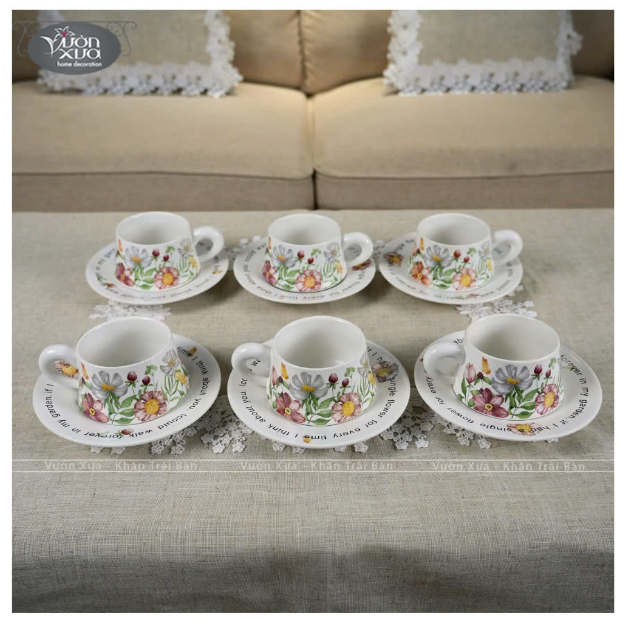Set 6 tách đĩa uống cafe uống trà ,xương sứ Châu Âu, hoa lá mùa Xuân đẹp thanh lịch