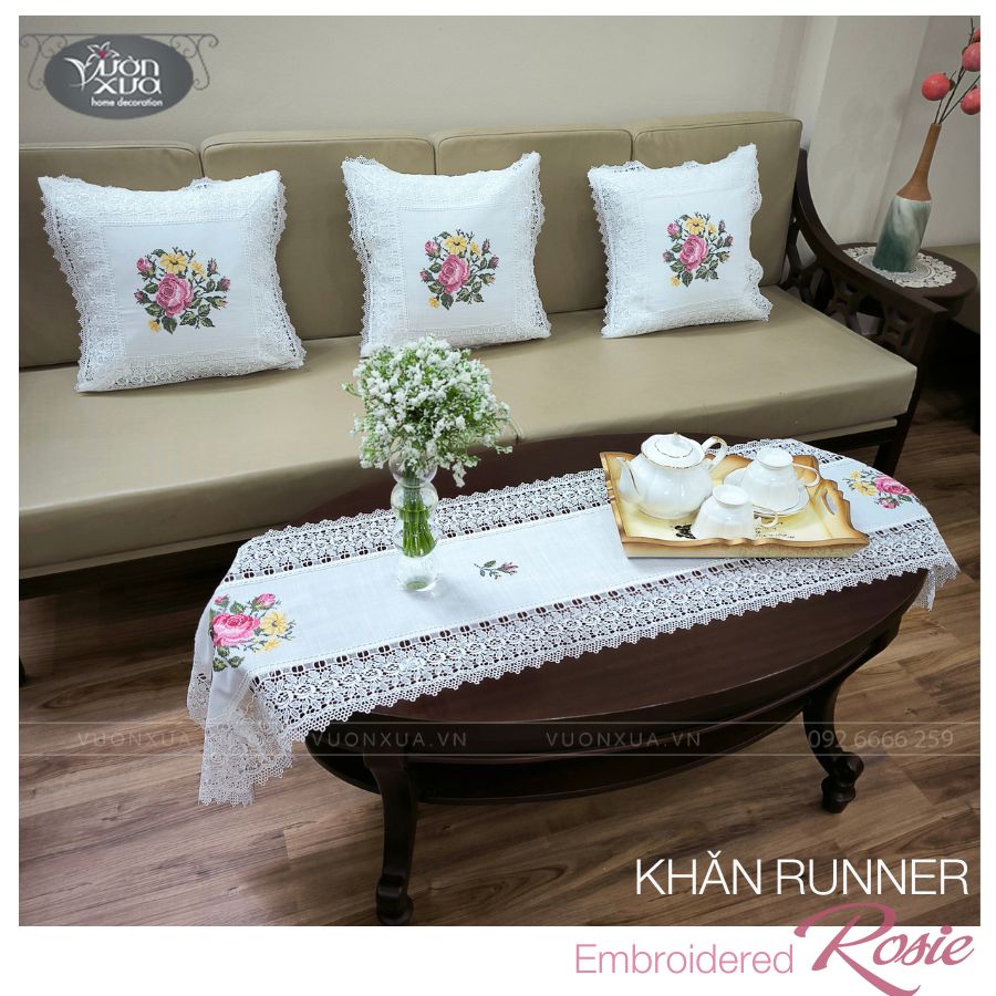 Khăn trải bàn sofa, vỏ gối đồng bộ thêu Hoa Hồng Rosie, điểm xuyết hoa cỏ vàng